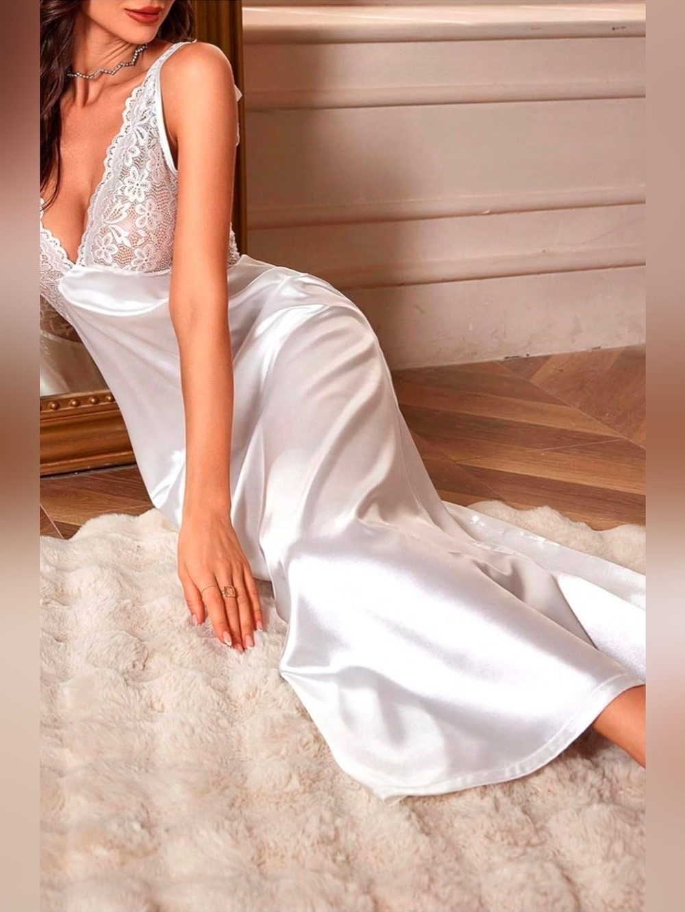 Lace Backless Sexy Long Satin Sleepwear Deep V Neck Sleeveless Nightgown Bride - Picture 10 of 11